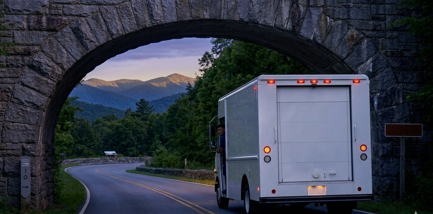 A delivery van on a mountain road outside Asheville, North Carolina